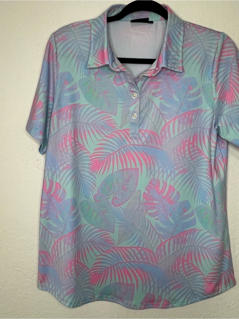 Sunday Swagger Golf Polo Shirt Tropical Palm Leaf Teal Blue Pink Womens Size XL